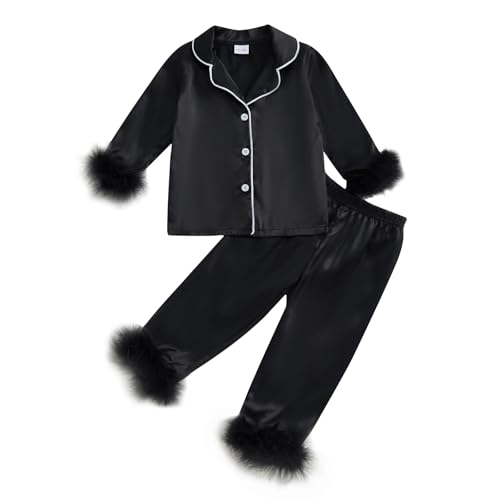 MAINESAKA Toddler Baby Girl Satin Pajamas Set Feather Trim Long Sleeve Button Down Tops Long Pants 2Pcs Pjs Sleepwear Outfits (A-Black, 18-24 Months)