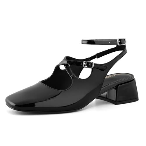 Womens Mary Jane Heels Chunky Low Heel Slingback Pumps with Ankle Strap Square Toe Wedding Party Dress Shoes