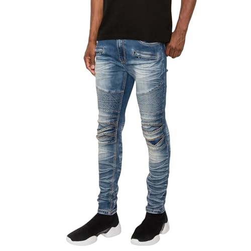 Men's Biker Denim Jeans, Indigo, Multiple Sizes 30-38, Cotton Spandex Blend, Creased, Skinny Fit4