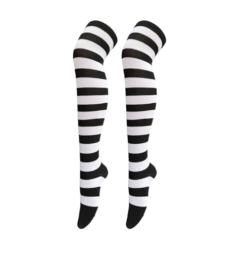 Bestjybt Women Striped Thigh High Socks Over Knee Socks Knee High Costume Stockings Leg Warmers (Black+White)
