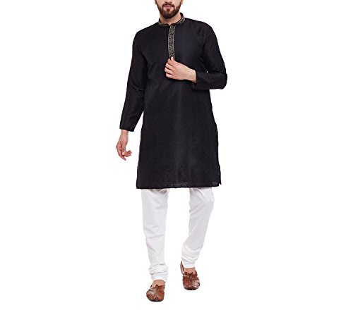 Image of SOJANYA (Since 1958 Men's Black Jacquard Silk Kurta & Churidaar Pyjama