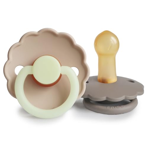 Image of FRIGG Daisy Night Natural Rubber Baby Pacifier | Made in Denmark | BPA-Free (Portobello /Croissant, 6-18 Months) 2-Pack