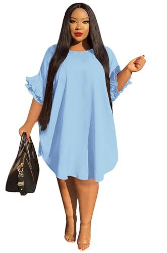 Image of Ekaliy Women's Casual Vintage Ruffle Sleeve Loose Party Midi Plus Size Dress Casual Summer