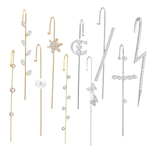 Gold Silver Ear Cuffs Set Ear Cuff Earrings for Women Pierced Pearl Rhinestone Lightning Bolt Snowflake Butterfly Ear Crawler Earrings Fashion Ear Jewelry for Women