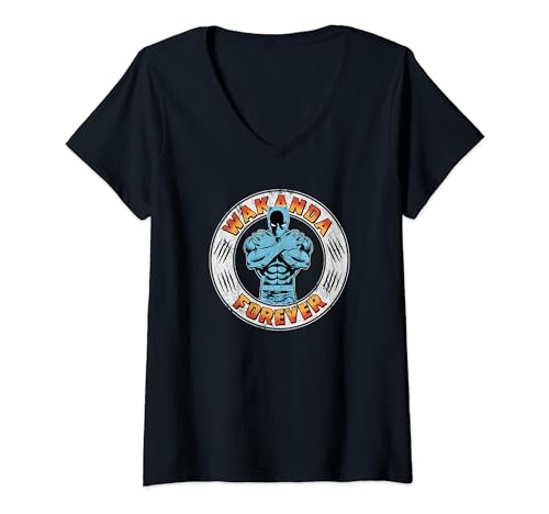 T-shirt Black Panther Marvel col V fini les vêtements geeks sans forme au style délavé