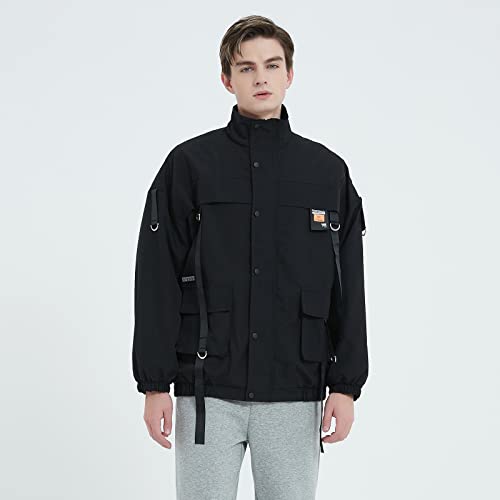 Image of GURUNVANI Men's Techwear Jacket with D-ring Straps | unisex, multi pockets, cyberpunk style, streetwear, webbing straps, full zip up closure, windproof outerwear for men