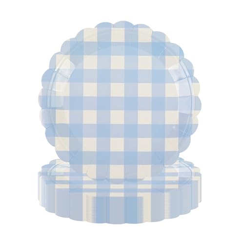 50PCS Light Blue Scalloped Paper Plates - 7Inch Striped Dessert Plates for Cake Salad Fruit Disposable Decorative Dinner Dessert Serving Plates for Birthday Baby Shower Wedding Party Supplies