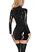 FEOYA Women’s Wet Look Faux Leather Dress Zip Up PU Leather Mini Dress Low Cut Plunge V Neck Pleather Dress Long Sleeve Slim Fit Latex Bodycon Catsuit