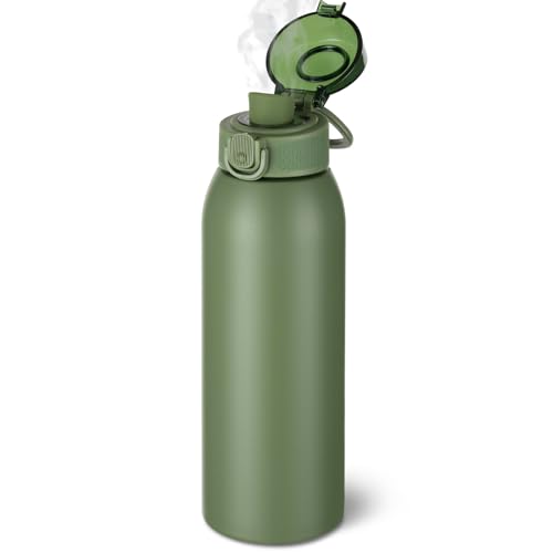 Image of Insulated Water Bottle 24 oz with Dustproof Lid, Carry Handle & Tea Infuser, BPA-Free & Leakproof, Stainless Steel Water Bottles Ideal for Fitness, Hiking, Office & Outdoor Use（Olive Green）
