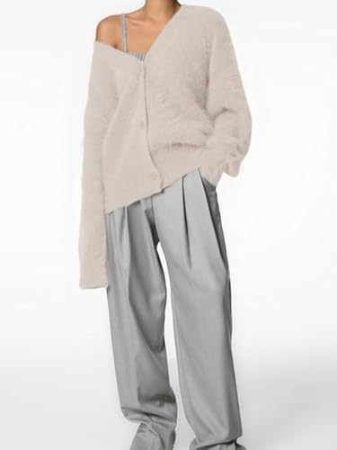Image of Womens Fuzzy Sweaters Cardigan V-Neck Button Down Oversized Mohair Sweater Casual Y2k 2026 Fall Winter