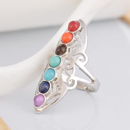 925 Sterling Silver Healing Hollow Stone Adjustable 7 Chakra Ring Aura Gemstone Ring 7 Chakra Religion Healing Balance Stone Rings Bracelet Color Chakra Healing Style Female Ring2