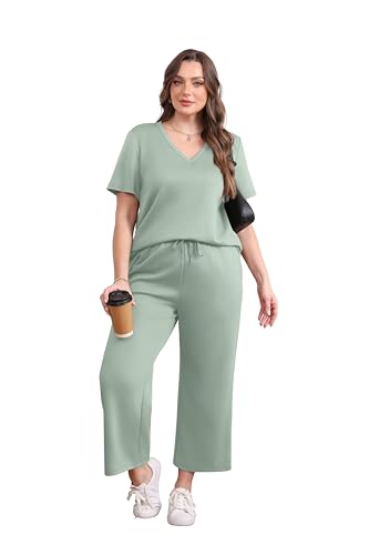 Image of WIHOLL 2 Piece Sets for Women Summer Lounge Set Wide Leg Pants Matching Set Vacation Travel Outfits Beach Clothing