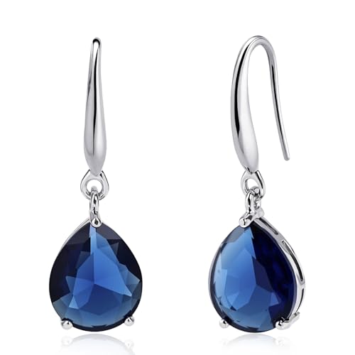 Silver Teardrop Sapphire Earrings Navy Blue Dangle Drop Earrings for Women