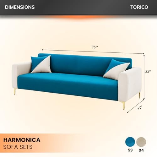 Image of Opera 3 Seater Fabric Sofa Set | Soft Velvet Upholstery, Sturdy Wooden Frame | Modern Sofa for Living Room, Hall & Office Spaces (Aqua Blue-Cream)