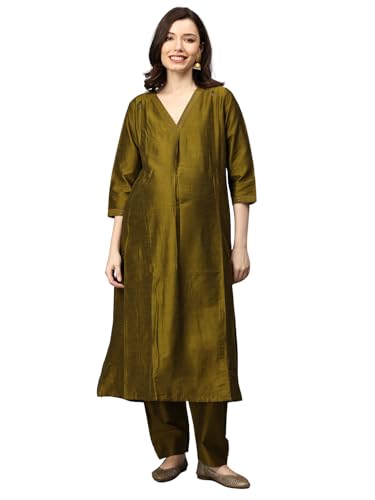 Image of The Mom Store Maternity Nursing and Feeding Kurta Set | Nursing Zippers | Pre and Post Pregnancy | Raw Silk | Kurta Pant Set | Solid |