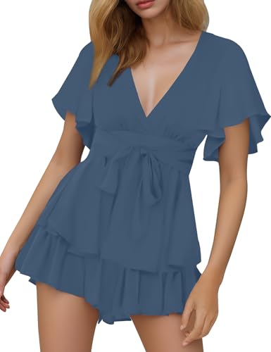 AIMCOO Women's Floral Print Deep V-Neck Romper Double Layer Ruffl...