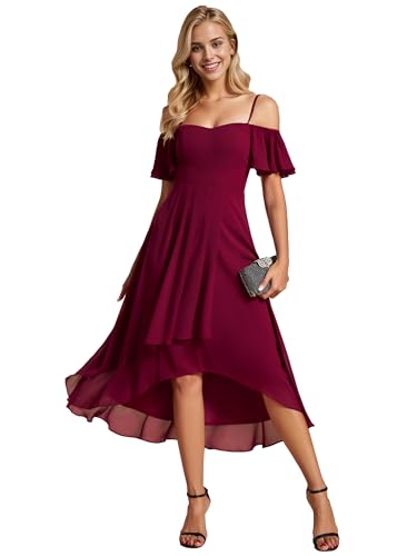 Abendkleider Damen Elegante Sommerkleider Midi A-Linie Kleid Sling Chiffon Hochzeit Gastkleider Brautjungfer Kleider Kurz Burgund 40