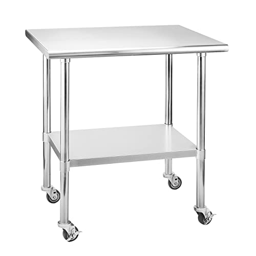 Hoccot Stainless Steel Prep & Work Table With Adjustable Shelf, With Wheels, Kitchen Island, Commercial Workstations, Utility Table In Kitchen Garage Laundry Room Outdoor Bbq, 24" X 36" #TOP9