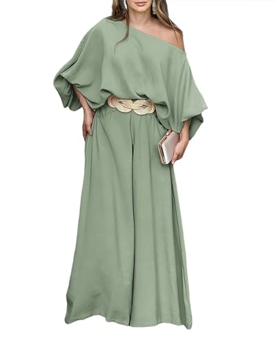 Image of CHICME Women Summer 2 Piece Outfits Off Shoulder Top Flowy Wide Leg Pants Set Vacation Travel Airport Outfits