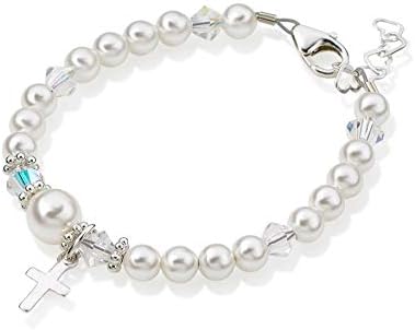 Sterling Silver Cross Charm Bracelet for Girls – with European Simulated Pearls, Crystals and Silver Spacers – Baptism and Christening Gift (BCRS)