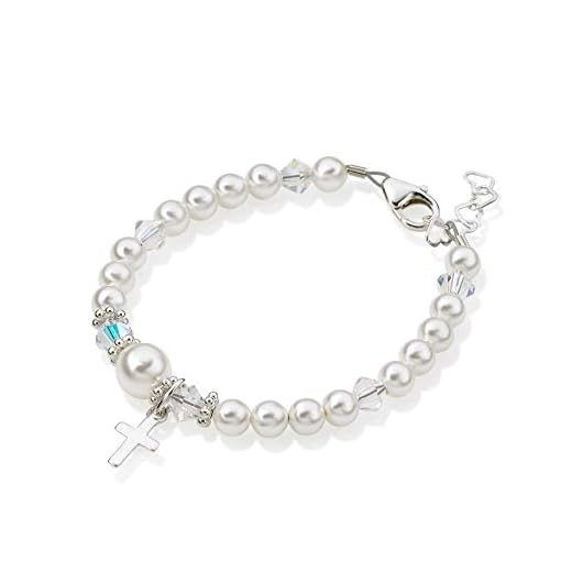 Sterling Silver Cross Charm Bracelet for Girls - with European Simulated Pearls, Crystals and Silver Spacers - Baptism and Christening Gift (BCRS_L)