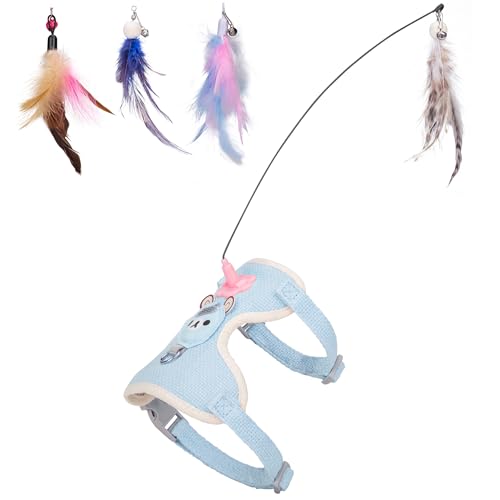 SDALU Cat Harness Collar Toy, Self Play Cat Feather Bell Toy with Harness (Blue, M)