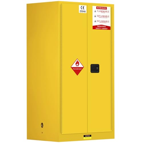 90 Gallon Yellow Flammable Storage Cabinet, Fireproof Steel Chemical Storage Locker with Adjustable Shelves, for Flammable Liquids, Industrial Use, Free Returns!