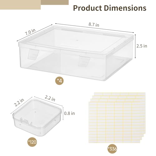 Image of 120Pcs Bead Organizer Box, Small Clear Plastic Bead Storage Containers, 4 Craft Storage Boxes with Hinged Lid, 336 Labels, Mini Box for Jewelry Making Bracelets Beading Nails Screws Seeds Small Parts