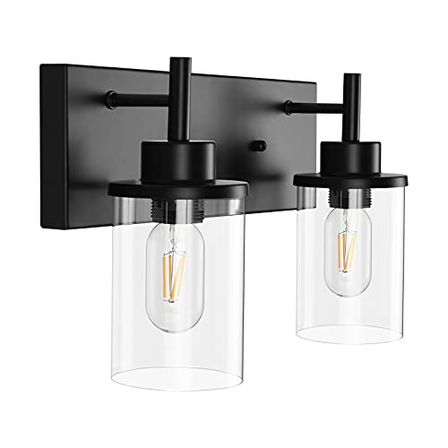 Free Shipping Over $50 Bathroom Vanity Light Fixtures, 2 Light Wall Sconce Black Vintage Industrial Farmhouse Sconces Wall Lighting with Clear Glass Shade for Bathroom Bedroom Living Room