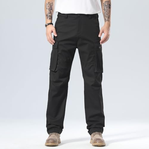 Plaid&Plain Men's Cargo Pants Loose Straight Fit with Multi-Pocket and Oversized Belt Loops2