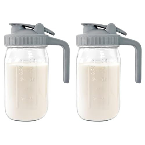 Image of Breast Milk Pitcher - 32 oz Glass Mason Jar with Dual Leak-Proof Design, Airtight Seal, Pour Spout & Handle, Storage Container for Breastmilk, Iced Tea & Ice Drinks（2Pack Gray）