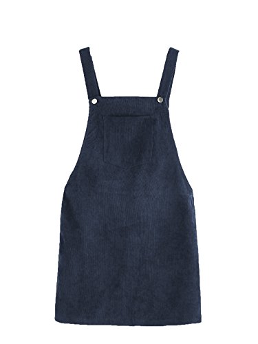 Romwe Women s Straps A-line Corduroy Pinafore Bib Pocket Overall Dress Navy L