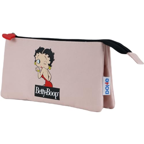 Dohe - Estuche Escolar 3 Compartimentos - Cierre de Cremalleras, Licencia Oficial, Poliéster Resistente, 23x12x2,5 cm, Material escolar - Betty Boop - Rosa