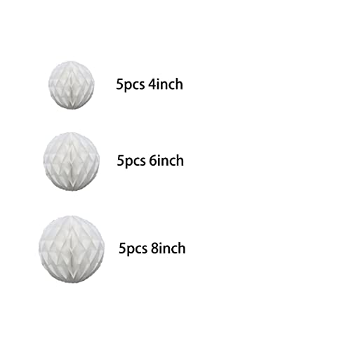 15pcs Honeycomb Balls Decorations 4'' 6'' 8‘' Party Honeycomb Ball Flower Tissue Pom Poms Flower Balls Hanging Flower Balls for Party Baby Shower Birthday Wedding Nursery Decor(4'' 6'' 8'' White)