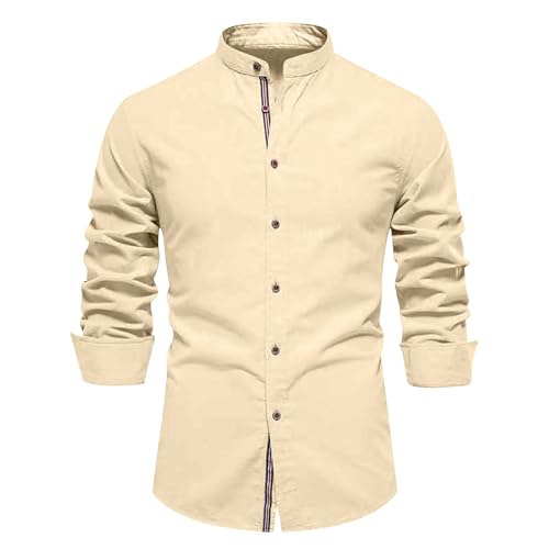 Mens Cotton Banded Collar Shirts Casual Fashion Business Work Blouses Summer Long Sleeve Button Down Dress Shirt2