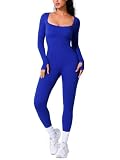 BRXL Long Sleeve Jumpsuit for Women Workout Yoga Square Neck Full Body Suits Shapewear One Piece Bodycon Jumpsuits Blue M
