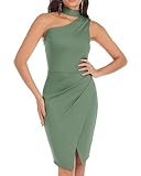 Neckholder Sexy Ärmelloses One-Shoulder Körperbetontes Partykleider Knielang Solid Farbe Hüftkleid für Party Erbsgrün S