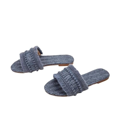 LOVSSU Femme En Paille éTé Slides Hemp Front Toe Casual Shoes Straw Weaving(Blue,39)