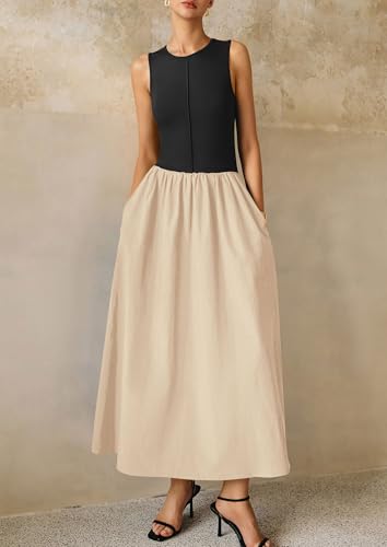 PRETTYGARDEN Maxi Dresses for Women 2025 Summer Casual Sleeveless Patchwork Flowy Vacation Sundress Knit Long Work Tank Dress4