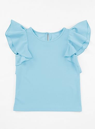 Blibean Girl Summer Blouse Cute Butterfly Short Sleeve Shirts Tween Kids Fashion Ruffle Tops Casual Clothes Solid Outfits Clothing Size 8-9 Years Large Sky Blue #TOP5