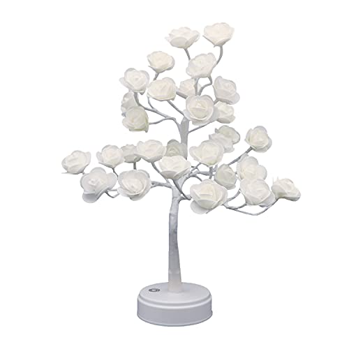 ITICdecor Rose Fleur Arbre Chevet Lumières Bonsaï Lampe USB Alimenté Par Pile 30LED Table Bureau Léger Chambre Décoration Noël Saint Valentin Cadeau Anniversaire Blanc