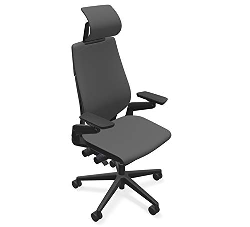 Steelcase Gesture Office Desk Chair with Headrest in Elmosoft Genuine Gunmetal L113 Leather Plus Lumbar Support Black Frame