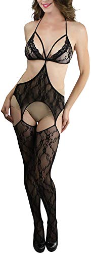 Image of ToBeInStyle Women's Bodystocking Crotchless Peek-A-Boo Fishnet Lace Bodysuit