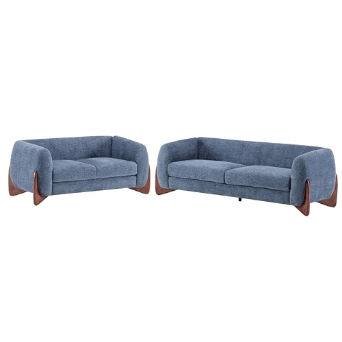 Image of Christopher Knight Home Almad 2 Pieces Sofa Couch Set, Cozy 3-Seater Sofa and Loveseat for Living Room, Upholstered Couch Chair, Soft Seating Lounge Sofa with Wood Frame, Boucle Fabric, Navy Blue