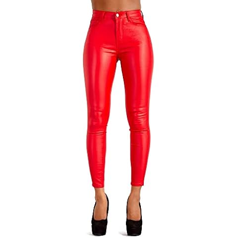 Glook Womens Black Leather Look Trousers High Waist Slim Fit Skinny Butt Lifting Jeans (8, Red) Cover