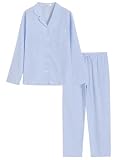 Latuza Women's Cotton Long Sleeve Pajama Set Seersucker Button Down Pj Set S Blue Stripe