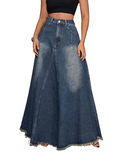 VCM Y2k Skirt Denim Skirt Women Maxi Skirt with Pockets A-Line Skirt High Waisted Skirt Jean Skirts Hem Flared Skirts