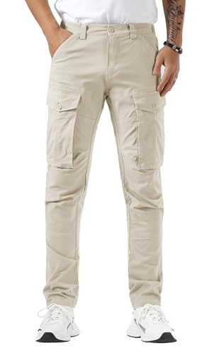 Plaid&Plain Men's Cargo Pants Slim Fit with Articulated Knees