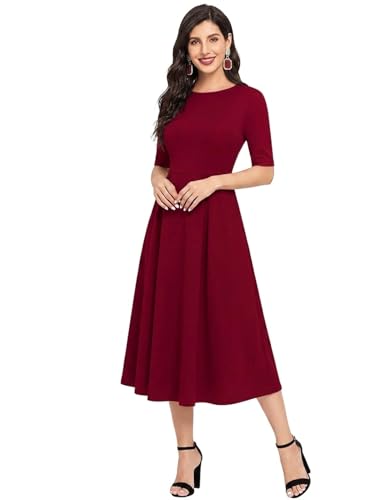 Image of LONDON BELLY Women's Regular Fit Polyester Blend Midi Flare Dress with Round Neck 3 /4 Sleeves Calf Length Solid Pattern and Pull On Closure Type |One Piece Dress for Women