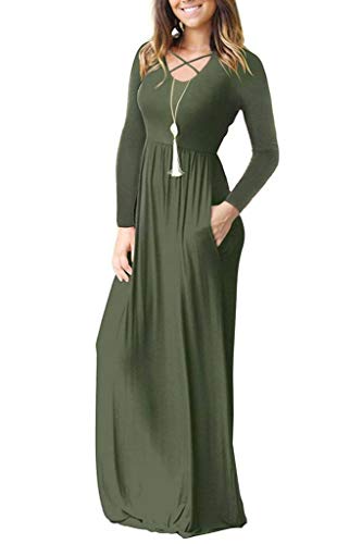EZBELLE Women's Long Sleeve Maxi Dresses with Pockets Criss Cross Plain Loose Long Dresses Army Green 2X-Large